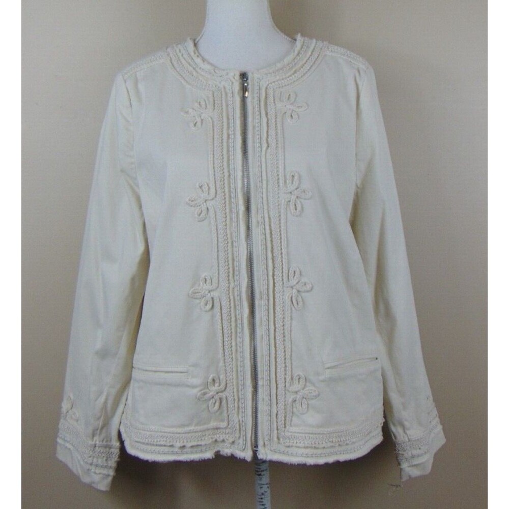 New Chico's Jacket Size 2 Large 12 Embellished Cream Pockets Full Zip Lined $108
